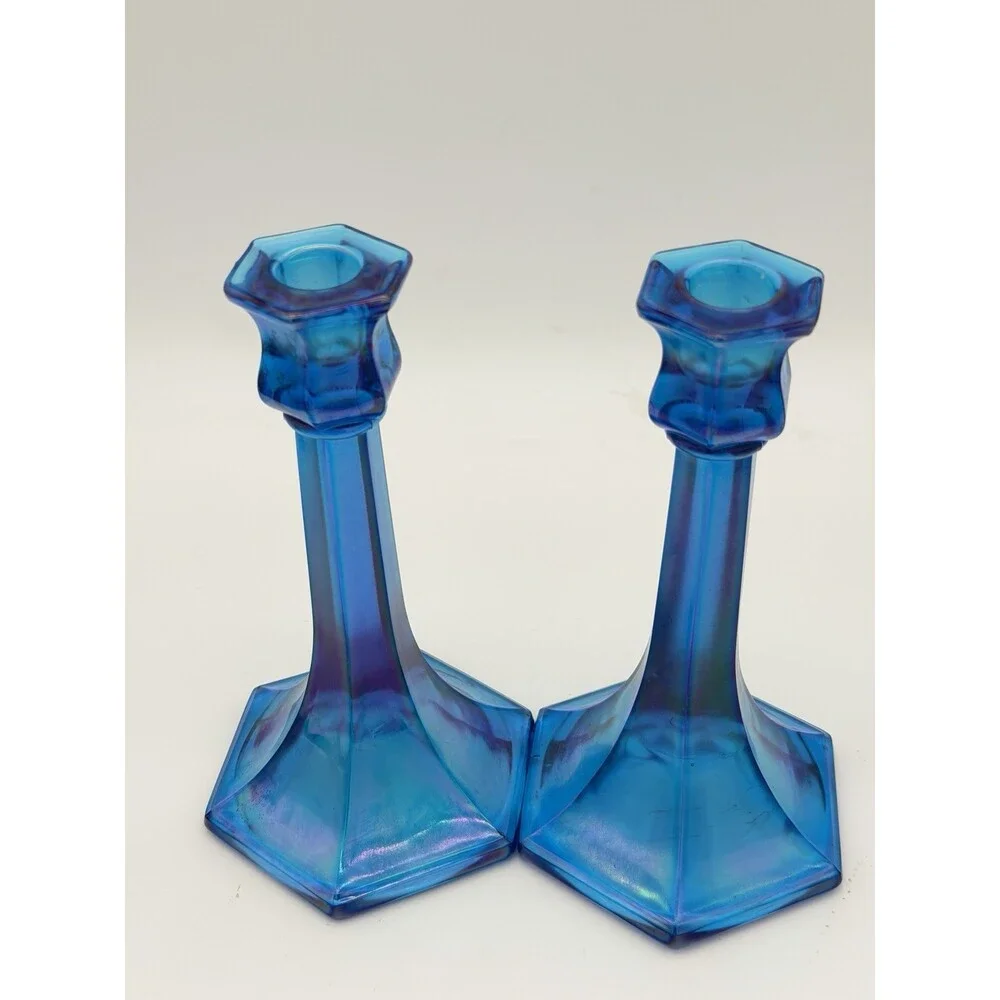 Fenton Florentine Celeste Blue Iridescent Carnival Art Glass Candle Sticks